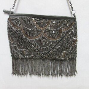 Chico's Beaded Jeweled satin flapper fringe zip top occasion purse handbag gray